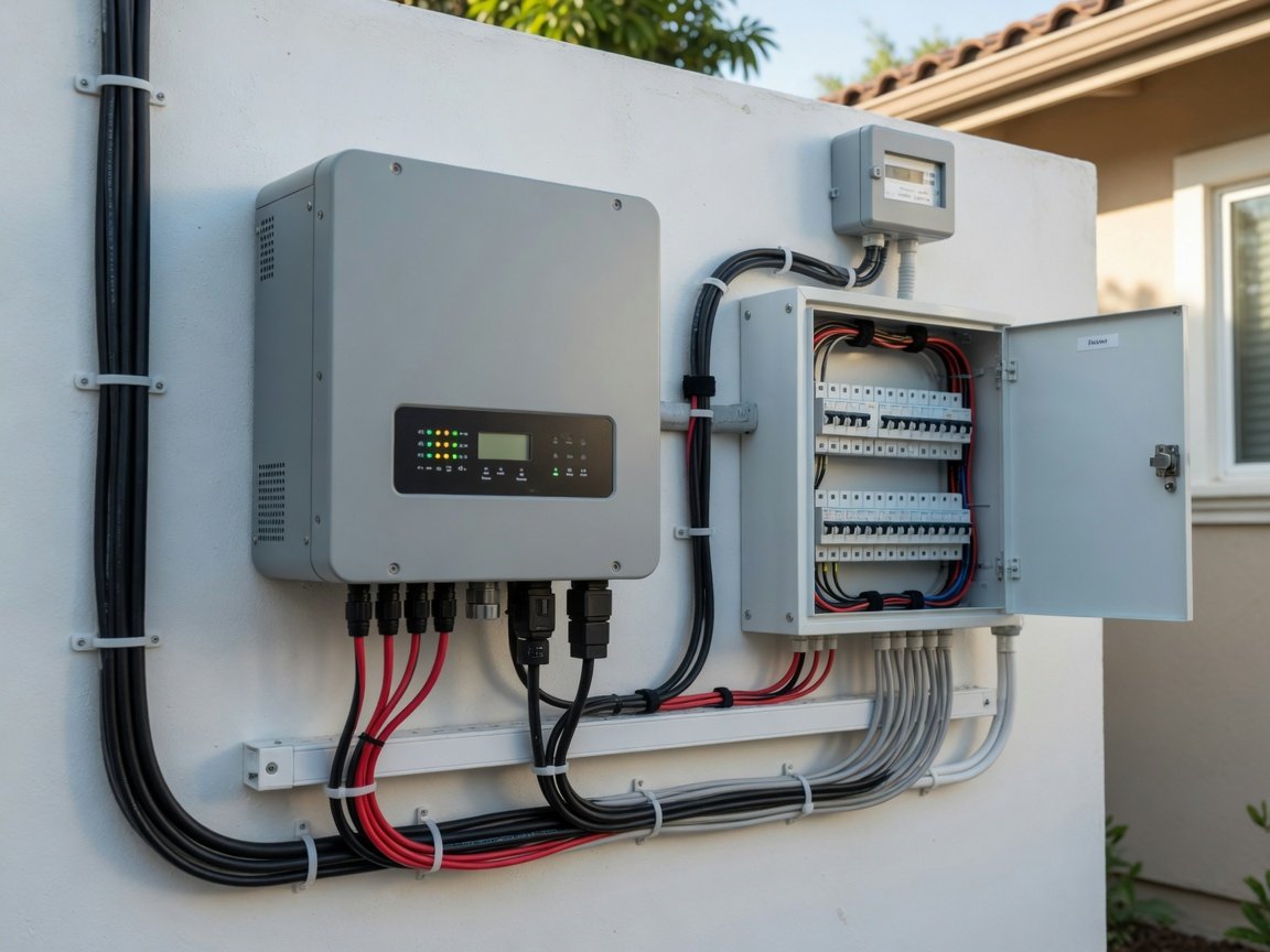Inversor solar e quadro de disjuntores instalados em parede branca